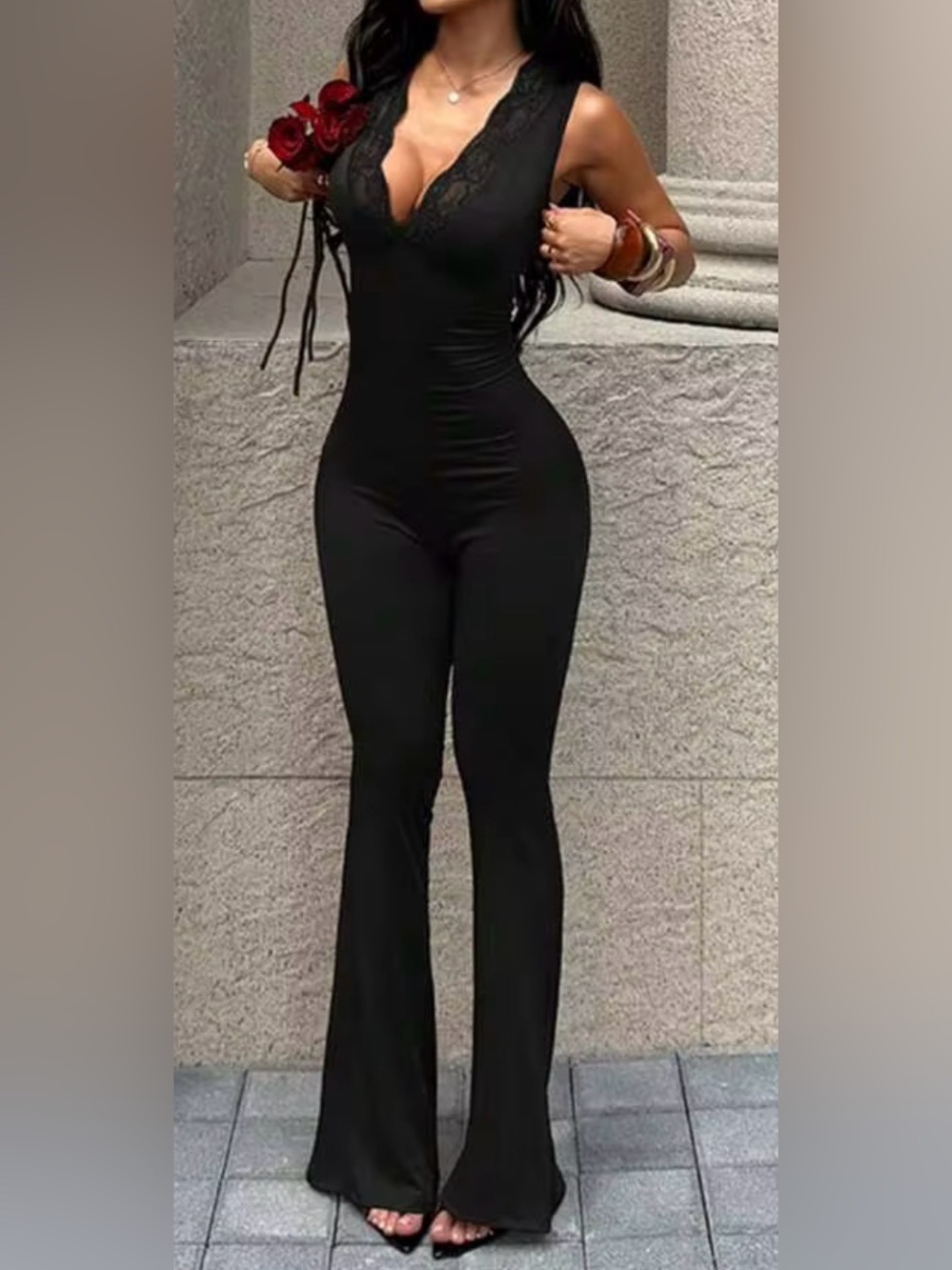 Size Large Black Sleeveless Jumpsuit with Lace Trim Neckline
